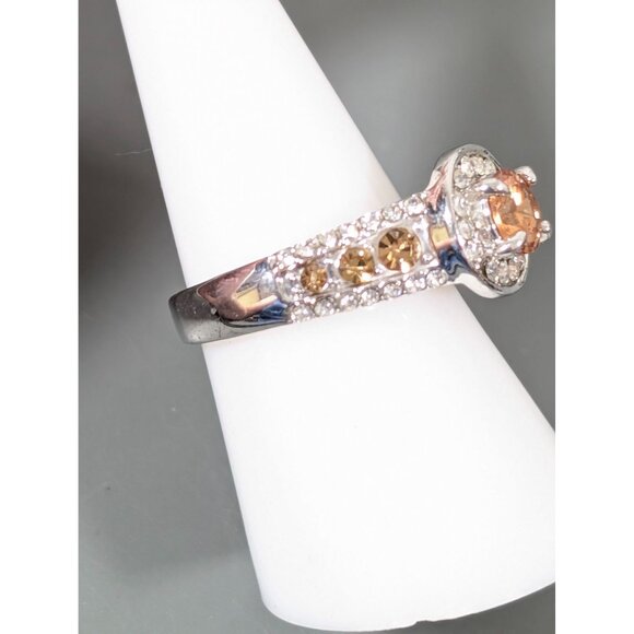 Faux Citrine CZ Round Halo Solitaire Cocktail Ring Size 8 Silver Tone - Picture 3 of 7